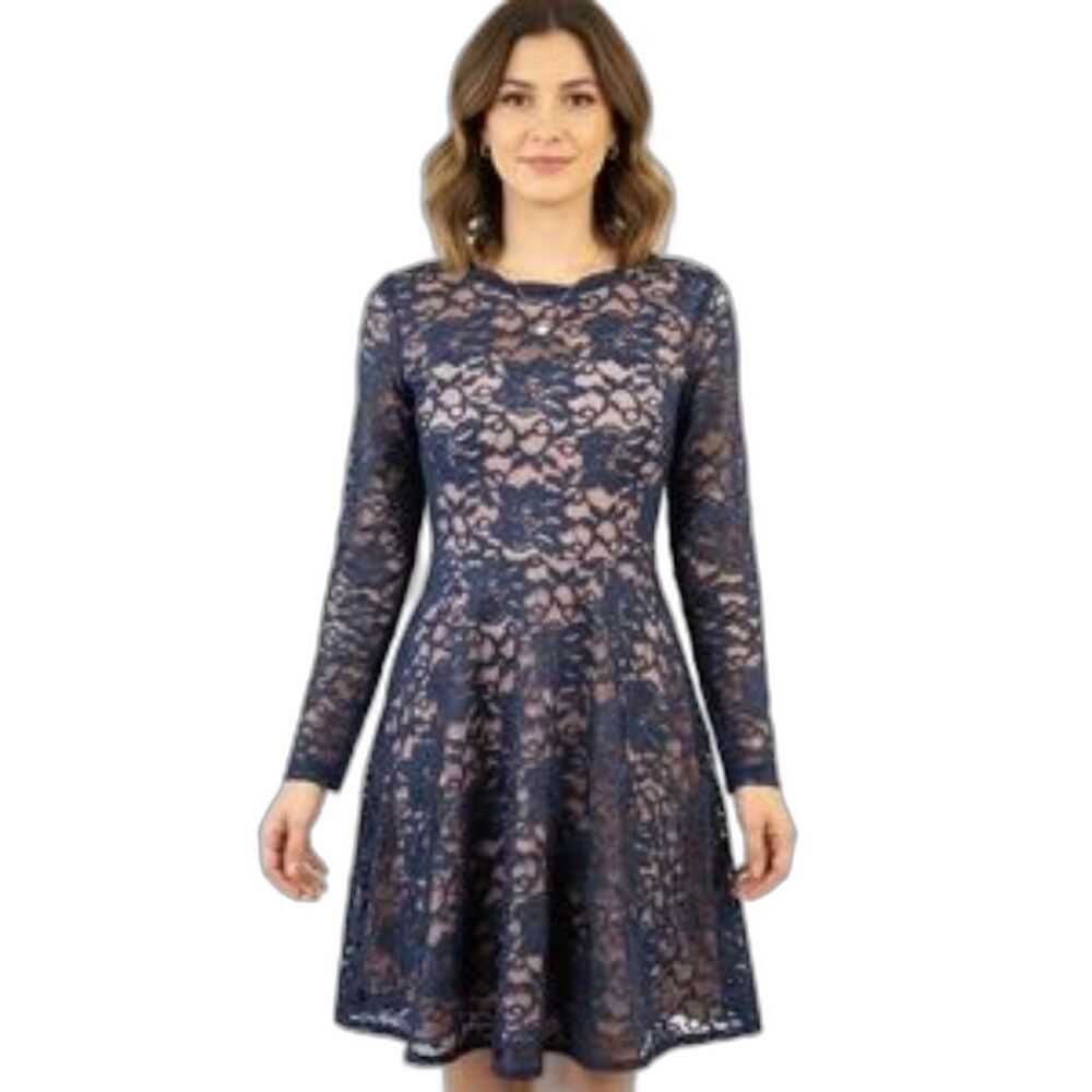 Sequin Hearts Navy Lace Overlay Sheer Keyhole Back Fit & Flare Dress Size 5
